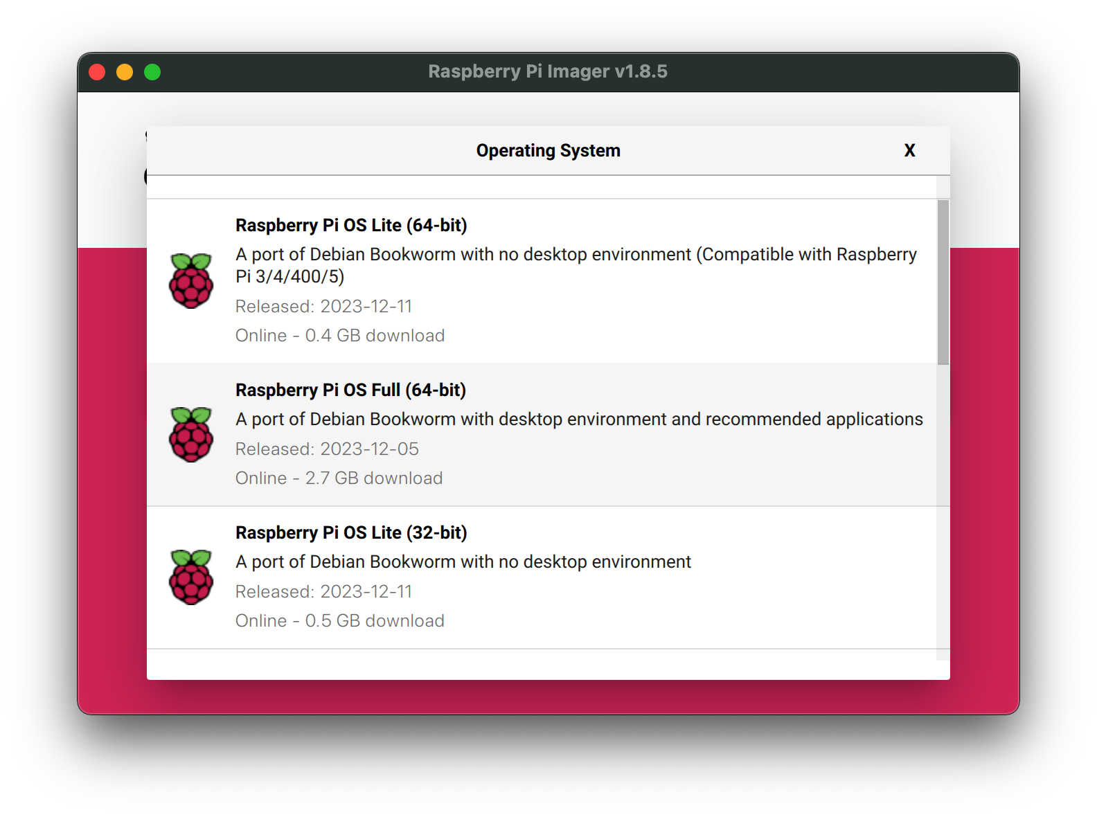 Raspberry Pi Imager window showing Raspberry Pi OS (Legacy, 64-bit) Full is selected.