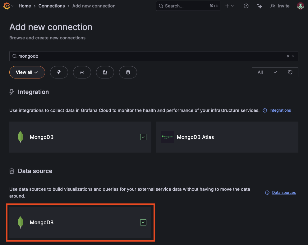 The Grafana plugin search interface showing the results for a search for mongodb